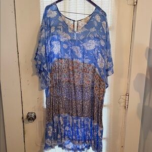 Umgee Blue and White Floral Multi Print Dress - 2X